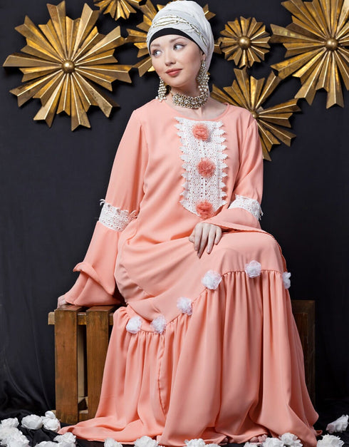 Dubai Bell Sleeve flowers around knee party Abaya Peach
